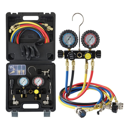 HVAC Gauges With Hoses Four Valve Manifold Set For R134A R410A R404A R22 Refrigerants, DIY Friendly Auto AC Diagnostic Kit in black case