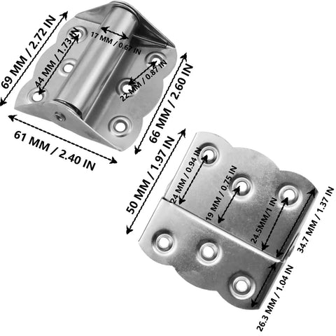 Two Pack Stainless Steel Self Closing Spring Hinges With Adjustable Tension 2.4x3 Inch, Rust Resistant showing measurements
