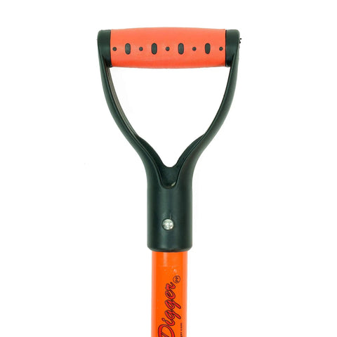 Heavy Duty 29 Inch Double Serrated Shovel With 4x8 Blade handle showing grip design and attachment to shaft, ergonomic grip