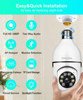 Wireless Security Camera 1080P for E27 Light Bulb Socket with installation features and two way talk functions displayed.