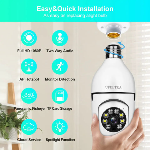 Wireless Security Camera 1080P for E27 Light Bulb Socket with installation features and two way talk functions displayed.