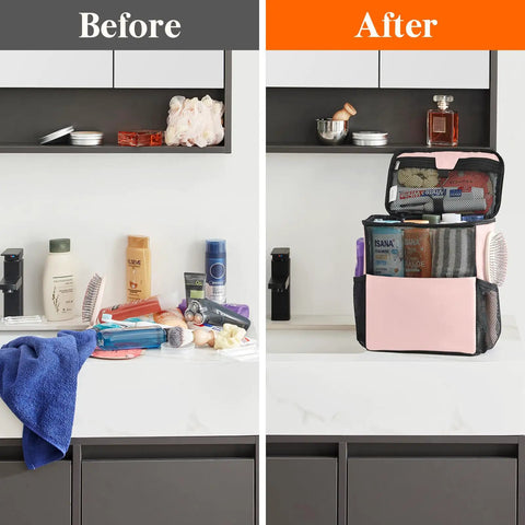 Before and after of messy toiletries organized in a Mesh Shower Caddy Bag Portable Hanging Organizer for dorm rooms, pink medium size.