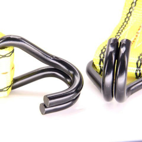 Close-up of dual J hooks on Heavy Duty Ratchet Cargo Tie Down Straps One And A Half Inch By Fifteen Feet 3000 Lbs Break Strength