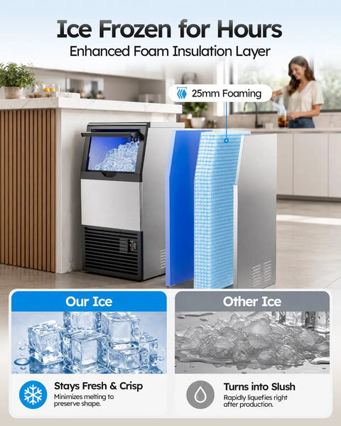 Heavy Duty Commercial Ice Maker cranks out 100 lbs crystal clear ice daily, features enhanced insulation for long-lasting freshness.
