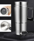 Zero Drama 12V And 24V Ride Along Electric Kettle with handle, stainless steel, for easy travel on the road.