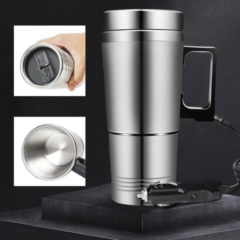 Zero Drama 12V And 24V Ride Along Electric Kettle with handle, stainless steel, for easy travel on the road.