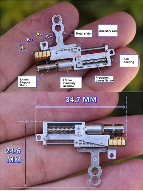 Compact 5mm Hybrid Gear Stepper Motor Offering Dead Nuts Precise Reduction And A Smooth As Butter Glide On The Metal Linear Slide Actuator close-up view in hand.