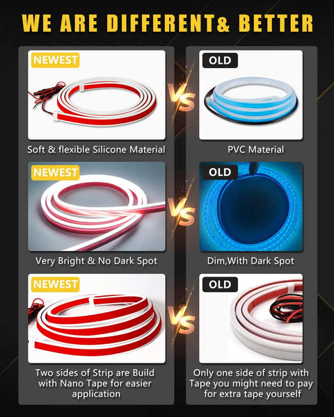 Comparison of LED Hood Light Strip Exterior For Cars Waterproof Flexible DRL vs old PVC strips highlighting materials and brightness.
