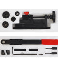Mini universal manual bending tool kit for wire, flat metal and tubing with red-handled bar and assorted dies.