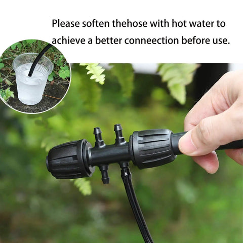 10 Pack Barbed Tee Irrigation Fittings For 1/3 Inch To 1/4 Inch Tubing held by hand in garden setting with connector shown