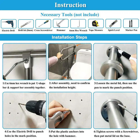 Installation steps for Heavy Duty 24 Inch Stainless Steel Handicap Grab Bars For Bathroom And Shower with tool images.