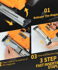 Cordless Brad Nailer 18 Gauge Electric Finish Nail Gun With Two High Capacity Batteries And 200 Piece Kit showing magazine release and staple insertion steps.