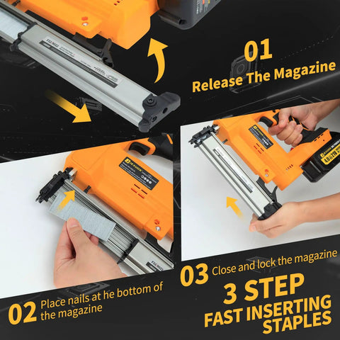 Cordless Brad Nailer 18 Gauge Electric Finish Nail Gun With Two High Capacity Batteries And 200 Piece Kit showing magazine release and staple insertion steps.