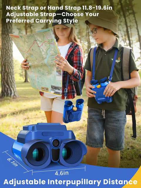 Kids Binoculars With Night Vision Camera And 10X Optical Zoom, Magic Adventures Telescope Toy Gift For Boys And Girls Ages 3 To 10 Plus, day and night viewing, 4.6in blue binoculars with strap on kids hiking