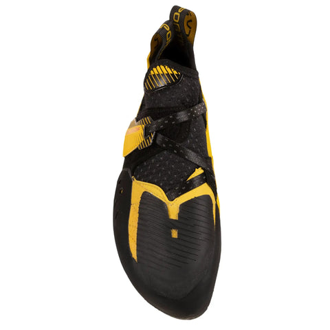 Top view of Solution Comp Rock Climbing Shoes For Men, Black Yellow, Size 12.5 US showing precise edge design