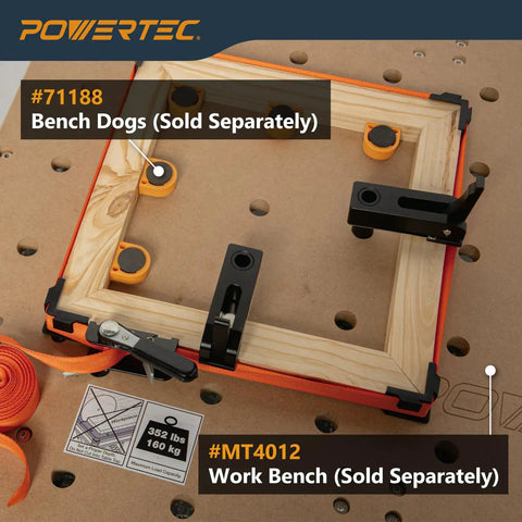 Heavy Duty Adjustable Band Clamp For Woodworking With 15 Ft Strap Solid Ratcheting Grip Saves Your Finish Totally Crushes 1000 Lbs Without Breaking A Sweat Absolute Game Changer For Framing Projects on a workbench with orange and black elements.