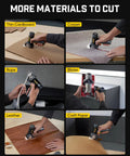 Fanttik C8 Nano Cordless Box Cutter cutting various materials like cardboard, carpet, leather, and craft paper.