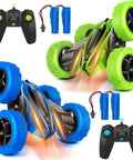 Two Pack RC Stunt Cars For Kids Fast 2.4GHz Remote Control Off Road Rock Crawler 4WD With Double Sided Tumbling Action displayed with controllers and batteries