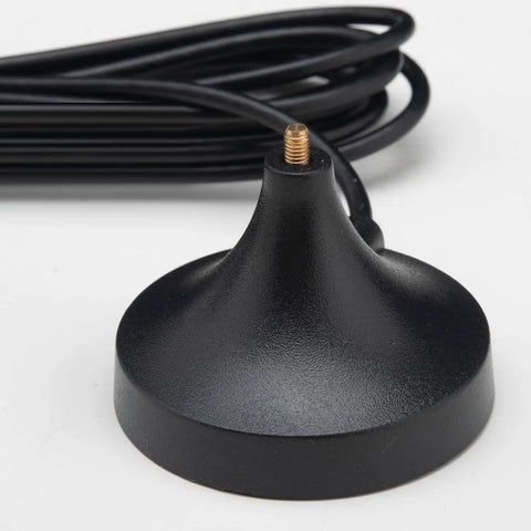 Real Game Changer High Gain Cellular Booster Antenna With 8Dbi Omnidirectional 4G Lte Crisp Signal Magnetic Mount close-up view of black antenna base with cable.