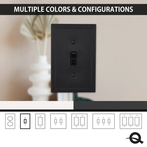 Black single toggle wall plate with decorative cornice shown, option for Insulated Triple Toggle Wall Plate 3-Gang Receptacle Cover With Decorative Cornice White Made In USA No Brainer Easy Install Energy Efficient Backer For Standard Electrical Outlets Durable Switch Plate