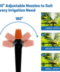 180° adjustable nozzles on Easy Setup Quick Connect Micro Misting Kit for garden irrigation, showing different spray sizes.