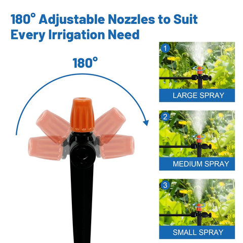 180° adjustable nozzles on Easy Setup Quick Connect Micro Misting Kit for garden irrigation, showing different spray sizes.