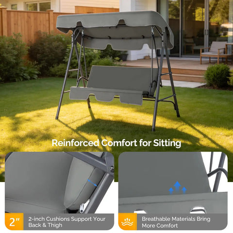 Outdoor Porch Swing With Adjustable Canopy And Durable Steel Frame On Heavy Duty Stand For Patio Backyard Or Garden