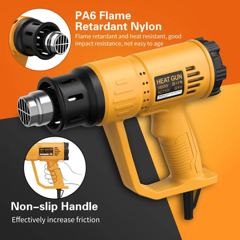 Go-To Heavy Duty 1800W Heat Gun Kit With Dual Temperature 662F And 1112F, Four Nozzle Attachments, non-slip handle close-up