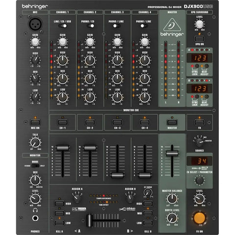 Front view of DJX900USB 5 Channel DJ Mixer With Contact Free VCA Crossfader USB Audio Interface, showing controls and sliders.