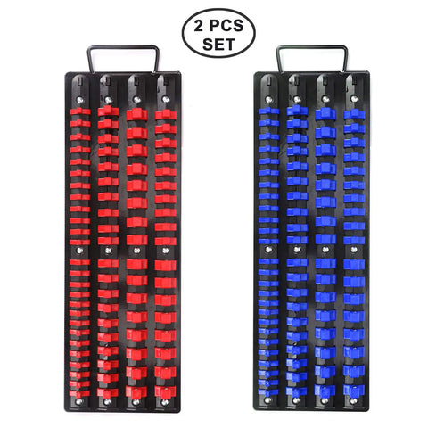 Heavy Duty Portable Socket Organizer Tray Set With Steel Base And ABS Rails In Blue And Red Clips Holds One Quarter Inch Three Eighths Inch And One Half Inch Sockets With Spring Loaded Clips For A Tight Secure Fit.