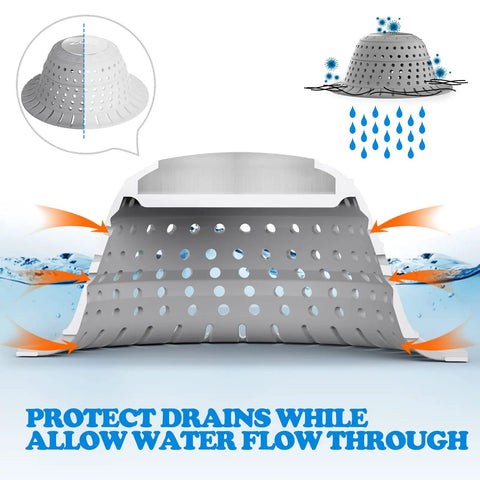 Silicone Collapsible Bathtub Drain Hair Catcher And Protector For Popup And Regular Drains with water flow illustration