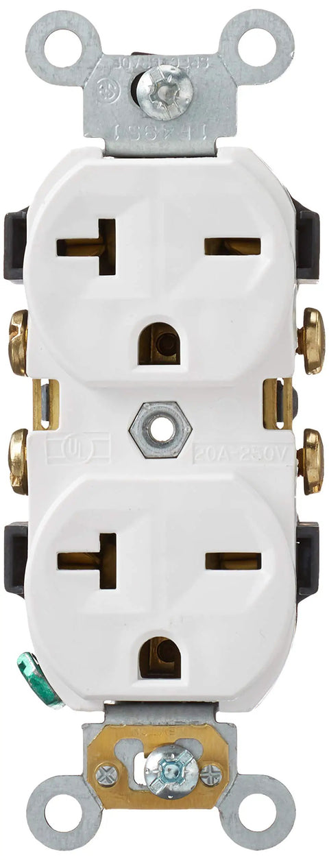 5822-W Straight Blade Single Receptacle 250 Vac 20 A 2 Pole 3 Wire White With Heavy Duty Brass Contacts Large Head Terminal Screws Captive Mounting Screws And Backed Out Staked Terminals No Hassle Wiring white duplex receptacle front view