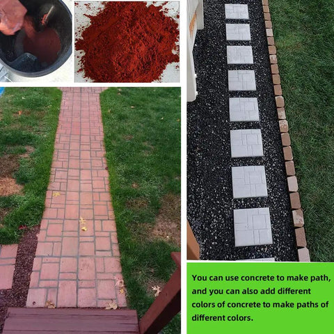 Oversized Walk Maker Concrete Molds 10 Grid Paver Form in use for DIY pathway with mixed concrete and red pigment.