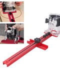 4 In 1 Router Jig With Adjustable Milling Groove Bracket for Woodworking, shown in red aluminum, used for precision cuts.