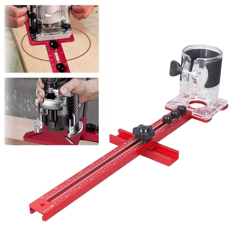 4 In 1 Router Jig With Adjustable Milling Groove Bracket for Woodworking, shown in red aluminum, used for precision cuts.