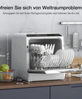 Compact Mini Wifi Smart Countertop Dishwasher With 5L Built In Water Tank And Six Wash Programs on kitchen counter loaded with dishes.