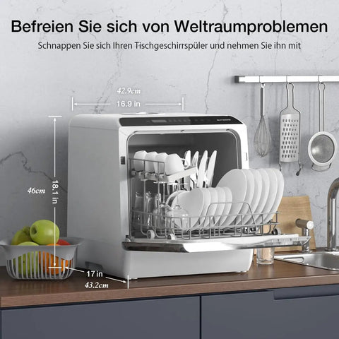 Compact Mini Wifi Smart Countertop Dishwasher With 5L Built In Water Tank And Six Wash Programs on kitchen counter loaded with dishes.