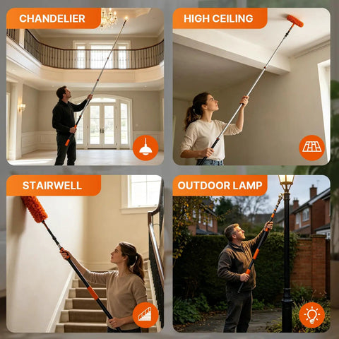High Ceiling Light Bulb Changer Kit With 10 Piece Extension Poles 360 Degree Swivel Head Bulb Grabber Ceiling Fan Duster And Window Cleaner No Ladder Needed For Safe Ground Level Bulb Swap