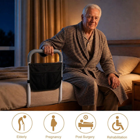 Heavy Duty Bed Rail For Seniors With Non Slip Foam Grip And Safety Strap ASTM Certified Bedside Guardrail Tool Free Install in use