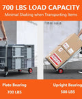 2-In-1 Convertible Aluminum Hand Truck And Platform Dolly 700 Lb Capacity, collapsible cart shown with crate and box loads
