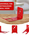 Badass Durability Iron Fire Extinguisher Brackets 2 Pack Wall Mount Holders Rust Resistant Build shown on wooden background.