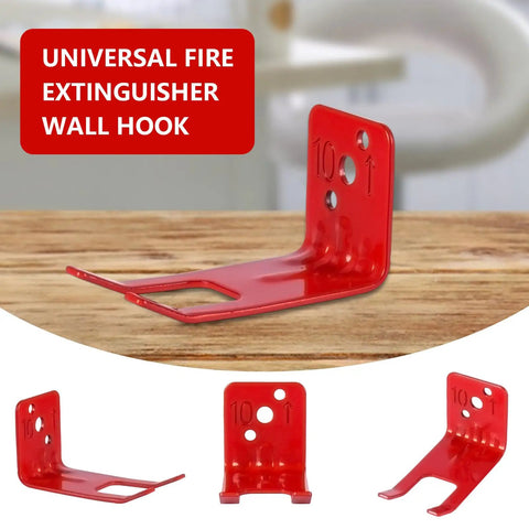 Badass Durability Iron Fire Extinguisher Brackets 2 Pack Wall Mount Holders Rust Resistant Build shown on wooden background.