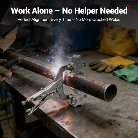 Grip Your Pipes Tight As A Drum While You Dial In Bullseye Alignments Using This Portable Pipe Welding Clamp Third Hand Tool, welding clamp securing steel pipe.