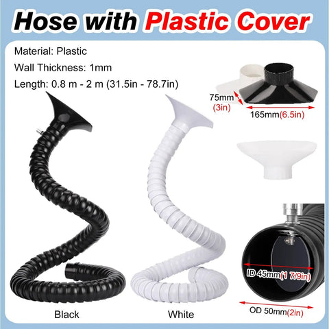 Rock Solid Black Articulated Fume Extraction Arm And Flexible Soldering Vent Hood Kit, Four Piece 2 Meter 1.8 Inch Duct Hose Set showing black and white hoses.