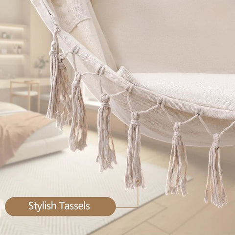 Close-up of stylish tassels on Heavy Duty Hammock Chair with Steel Spreader Bar and Adjustable Straps for indoor outdoor use up to 500 lbs
