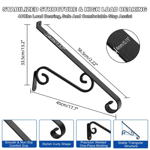 Heavy Duty Wall Mounted Outdoor Stair Handrails Sized Perfect For One To Two Steps Sleek Wrought Art Grab Rail Anti Corrosion Carbon Steel with dimensions 56.5cm