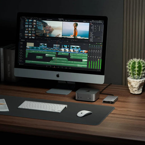 Zero Hassle Usb 4 M2 Nvme Ssd Enclosure With Toolless Build And Up To Forty Gigabit Transfer Speeds For Lightning Quick File Swaps Across All Your Gear next to an Apple computer setup.