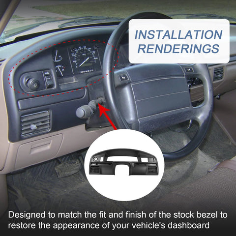 Installed Ford F-Series diesel dash bezel replacement panel for 1994–1997 F-250/F-350; black plastic.