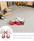 Smooth As Butter Premium Heavy Duty Double Wheel Sliding Door Rollers with stainless steel frame on a workbench.