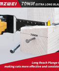 Extended Reach Titanium Oscillating Tool Blades For Metal And Wood Cutting With 70 Mm Deep Plunge Design, shown cutting through wood with a nail.
